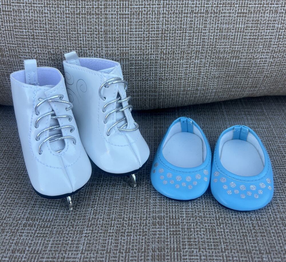 American Girl Ice Skates And Blue Sparkle Shoes Lot Of 2